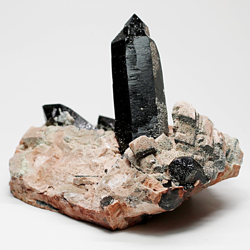 希少・山東省産]天然モリオン原石クラスター（黒水晶/カルサイト共生