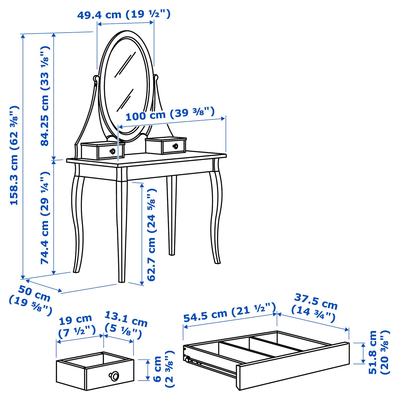HEMNES ヘムネス ドレッシングテーブル ミラー付き, ホワイト, 100x50