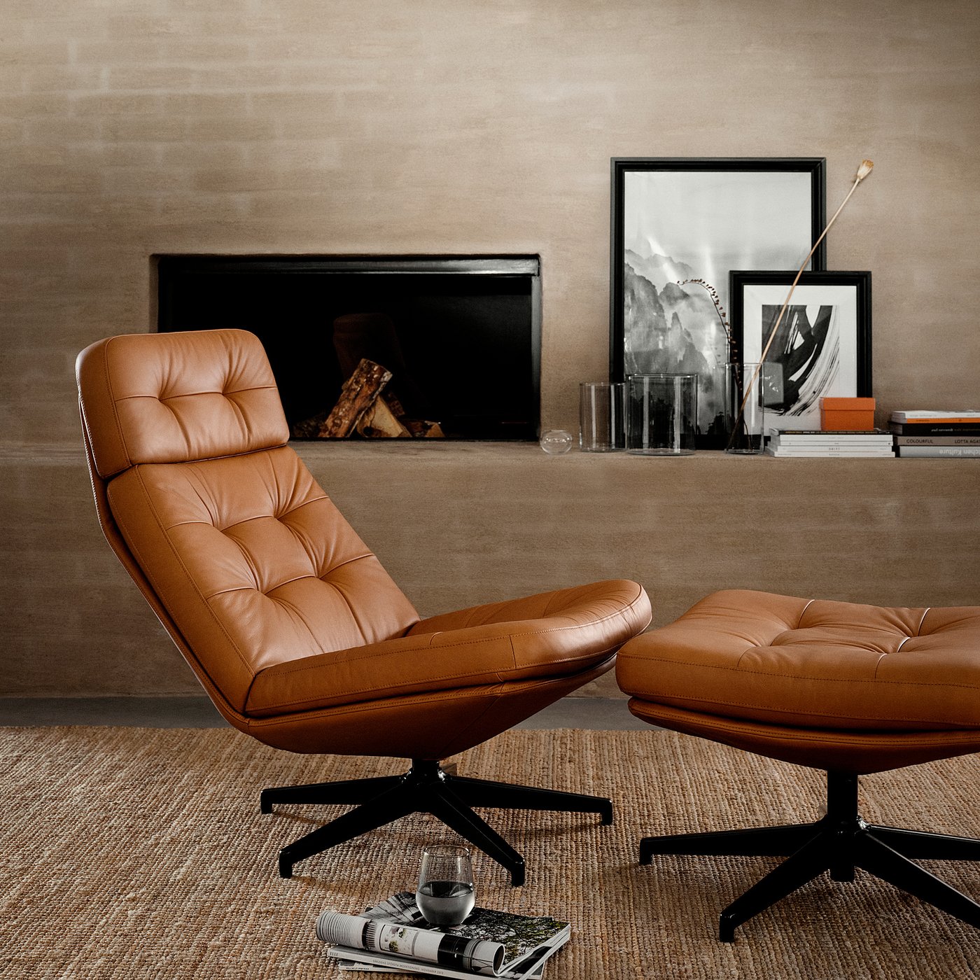 HAVBERG swivel easy chair and footstool, Grann/Bomstad golden