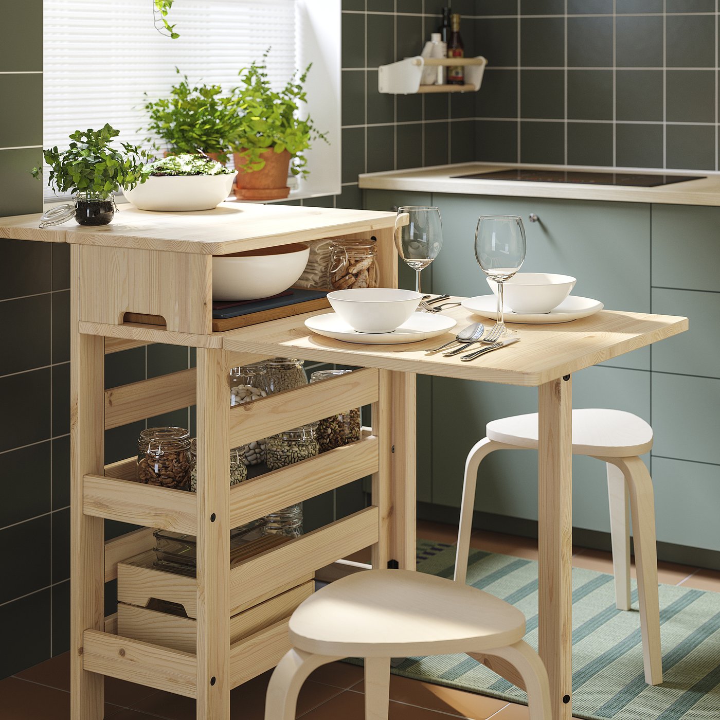 RESARÖ mobile drop-leaf table w storage, pine - IKEA