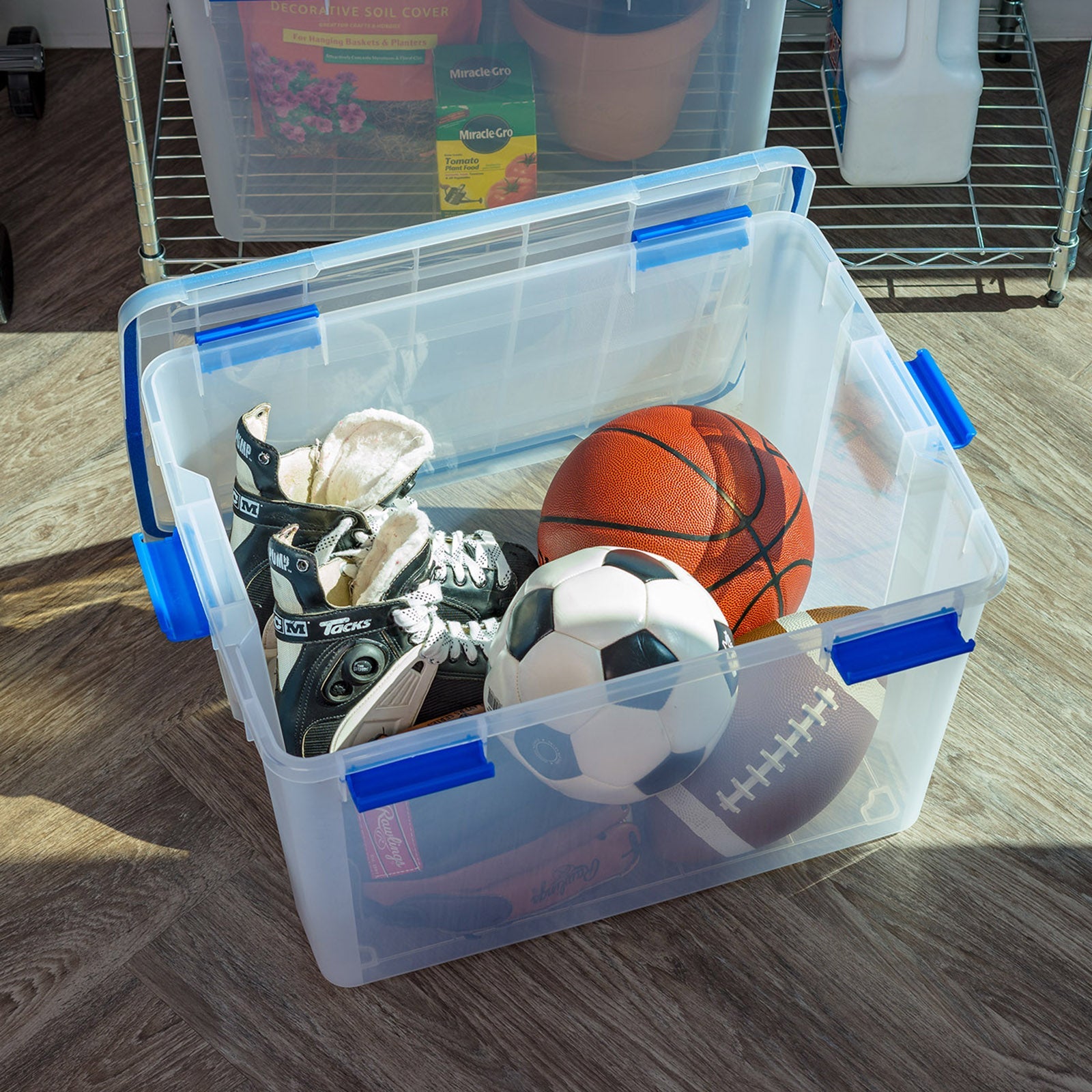 74 Quart WeatherPro® Multi-Purpose Storage Box, Clear with Blue
