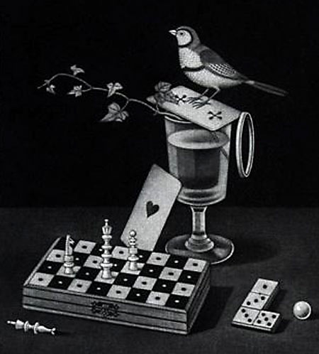 長谷川潔 飼い慣らされた小鳥（西洋将棋など） | 絵画など美術品の販売