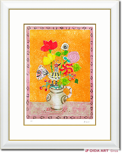 アイズピリ 極楽鳥のいるオレンジ色の背景の花束 | 絵画など美術品の