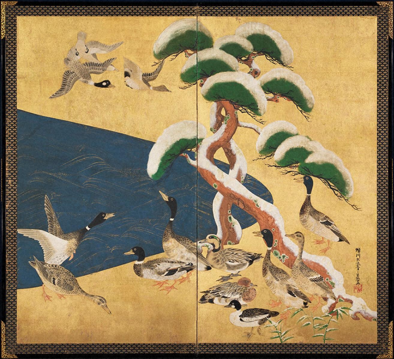 狩野山雪、雪汀水禽図屏風、超希少・大判画集画、新品高級額装付 狩野