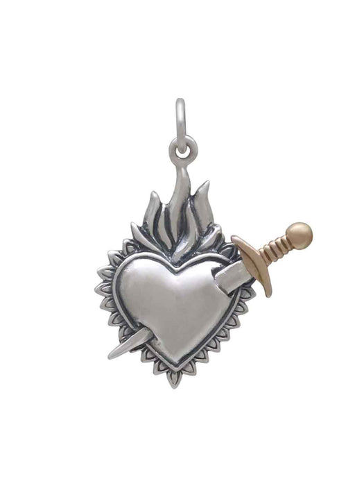 Sacred Flaming Heart Sword Necklace | Sterling Silver Pendant