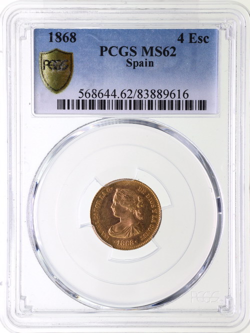 スペイン 1868年 イサベル2世 4エスクード金貨 マドリード PCGS MS62