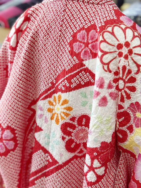 七五三 正絹絞り四つ身着物 絞り 刺繍 長襦袢セット 7歳用 七五三着物