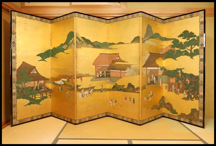 アンティーク】蔵出し 六曲一双 屏風 人物画 風景画 日本画 金屏風 古