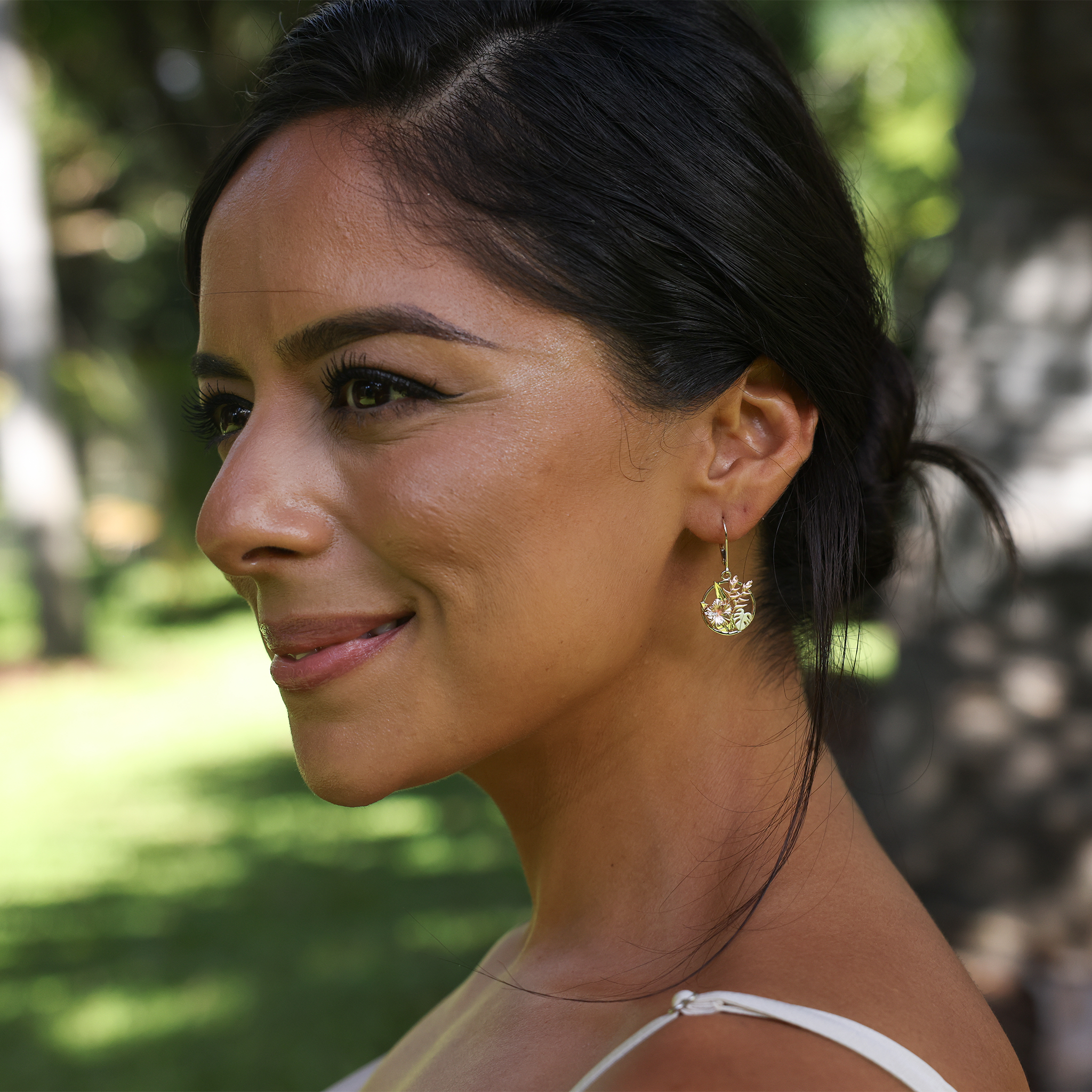 Hawaiian Gardens Hibiscus Diamond Leverback Earrings in Tri Color Gold