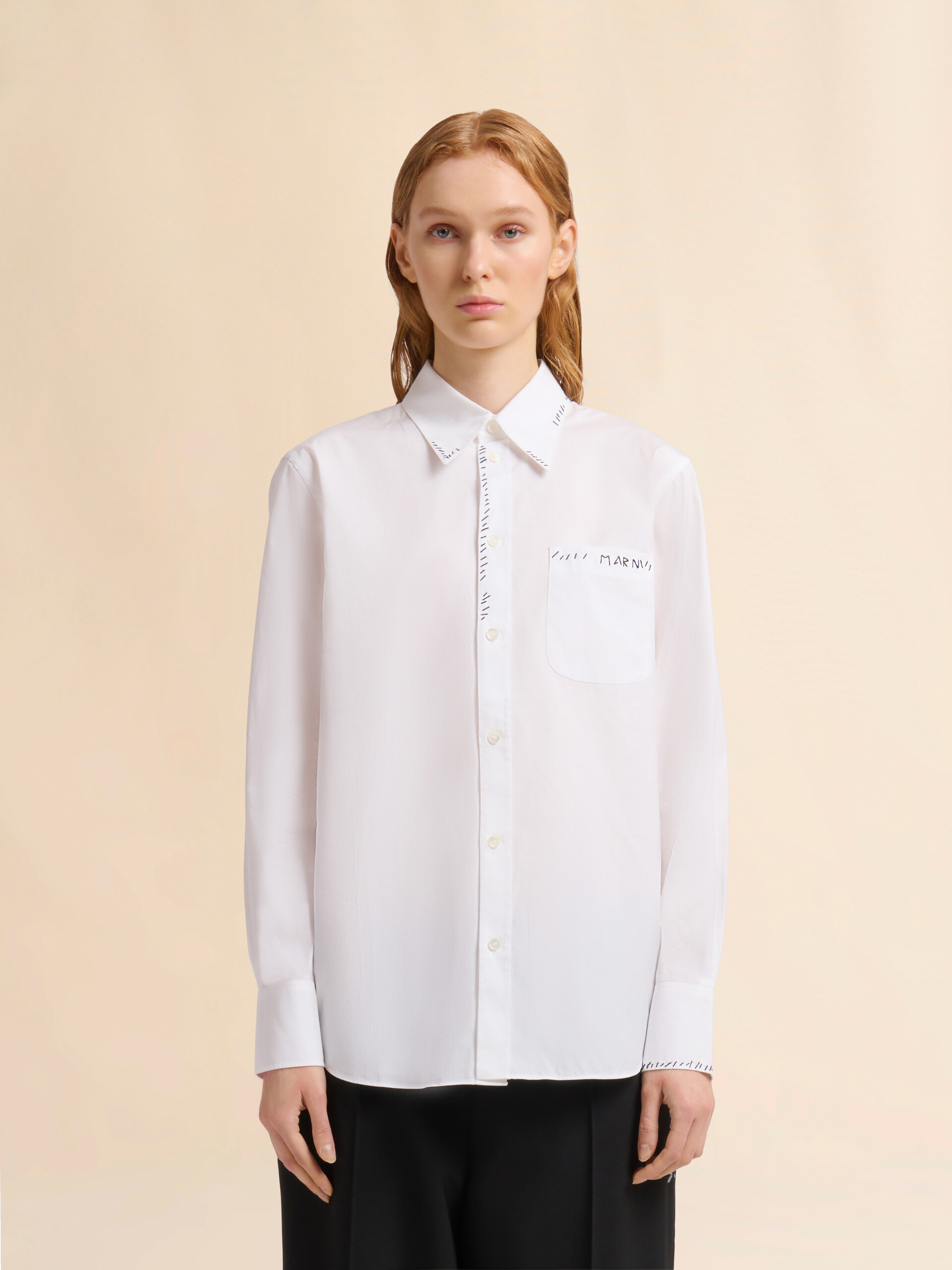 ホワイト オーガニックポプリン製シャツ、マルニメンディング装飾 | Marni