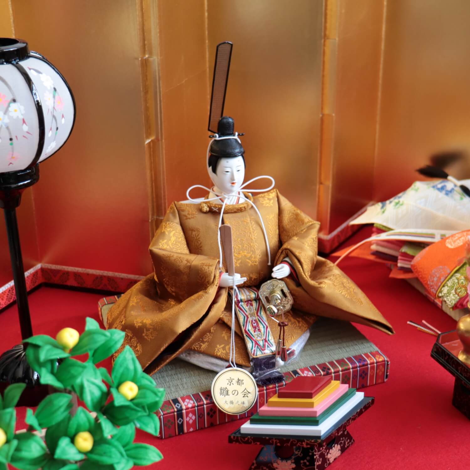 京都・大橋弌峰作 京十番正絹西陣織黄呂染 京頭：河原春水作 片岡屏風