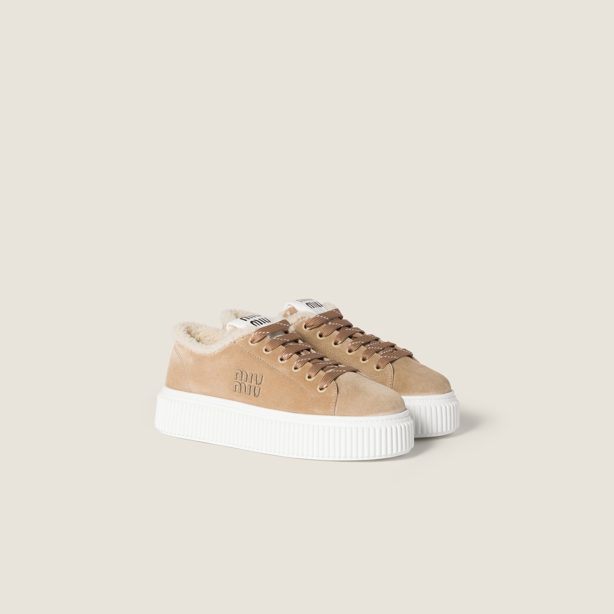 Desert Beige Suede And Shearling Sneakers | Miu Miu