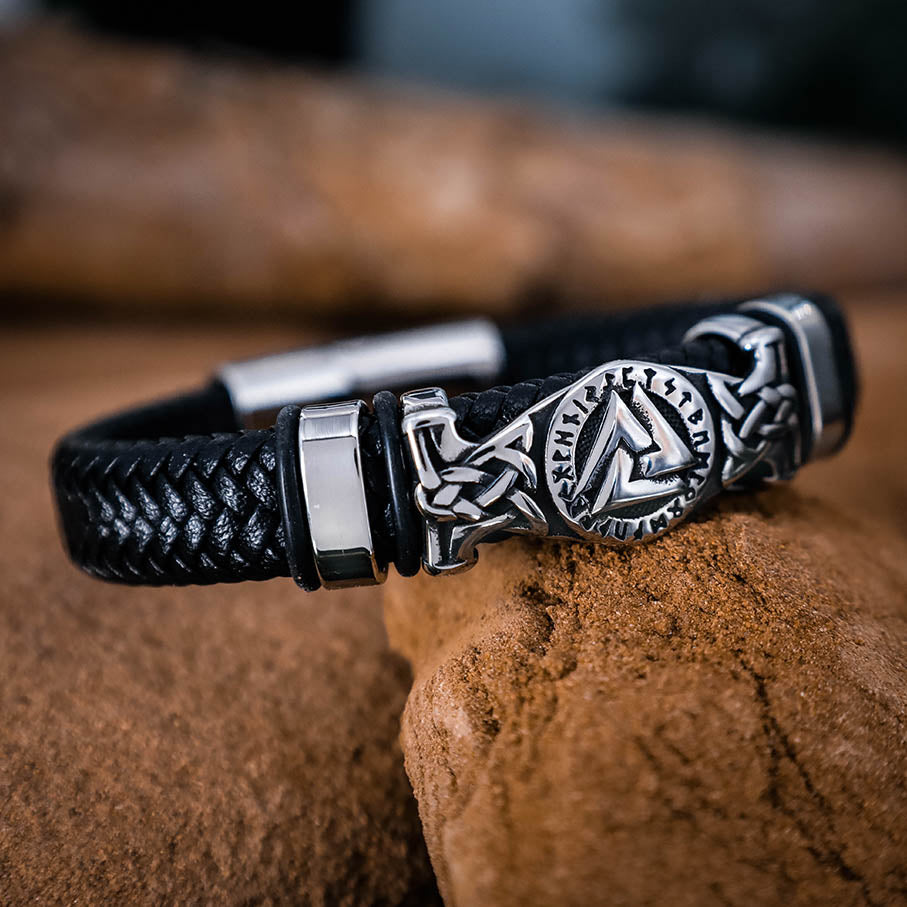 Viking Valknut Rune Leather Bracelet – Norse Odin Symbol Braided