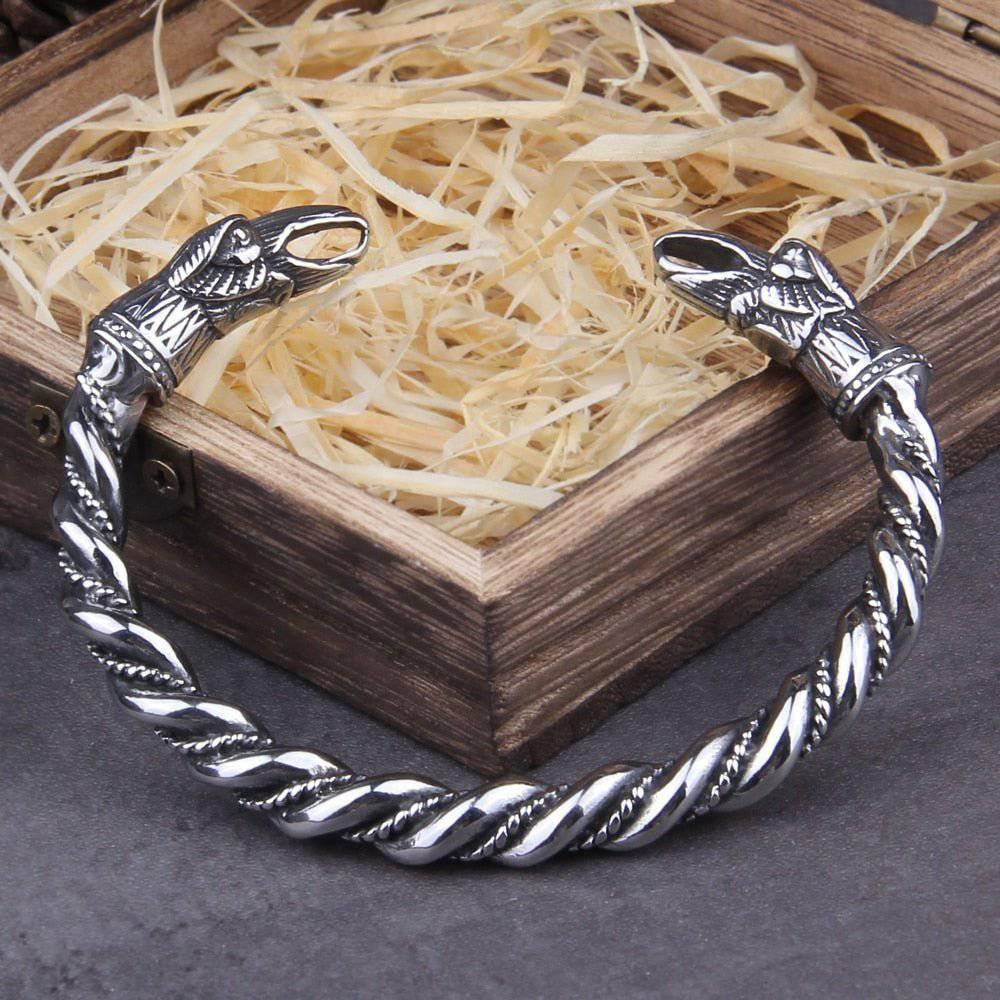 Viking Raven Head Torque Bracelet — Stainless Steel Norse Arm Ring