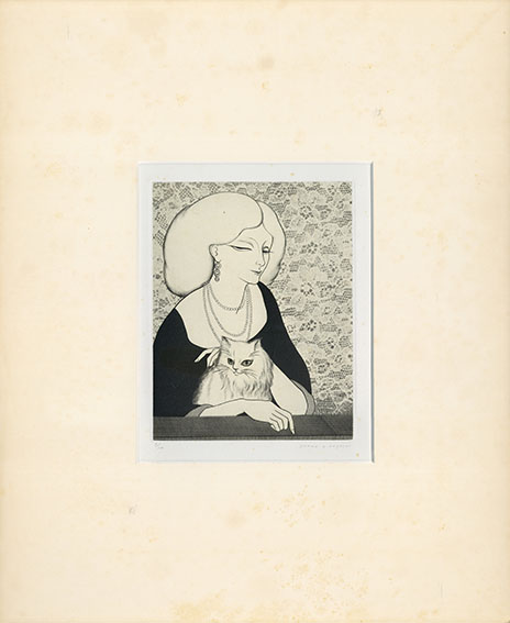 小林ドンゲ版画「女と猫シリーズ 白いレース」 / Donge Kobayashi