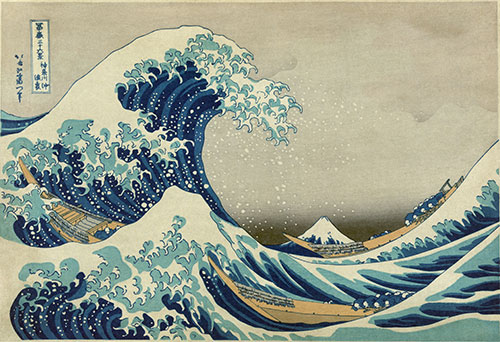 浮世絵をバックにガリガリ！葛飾北斎の名作が