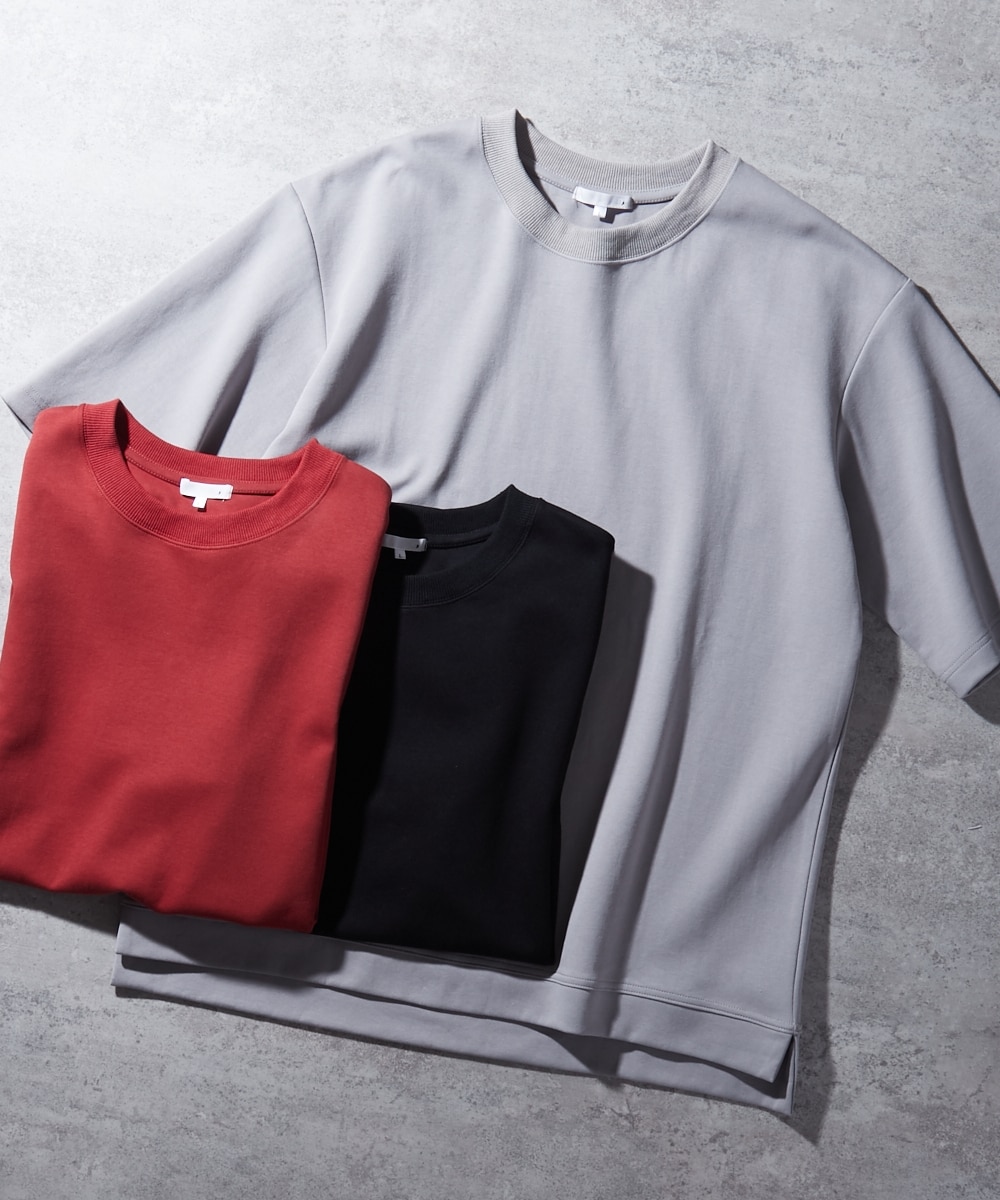 オーバーサイズ ダブルフェイス ロング丈 無地5分袖Tシャツ 通販