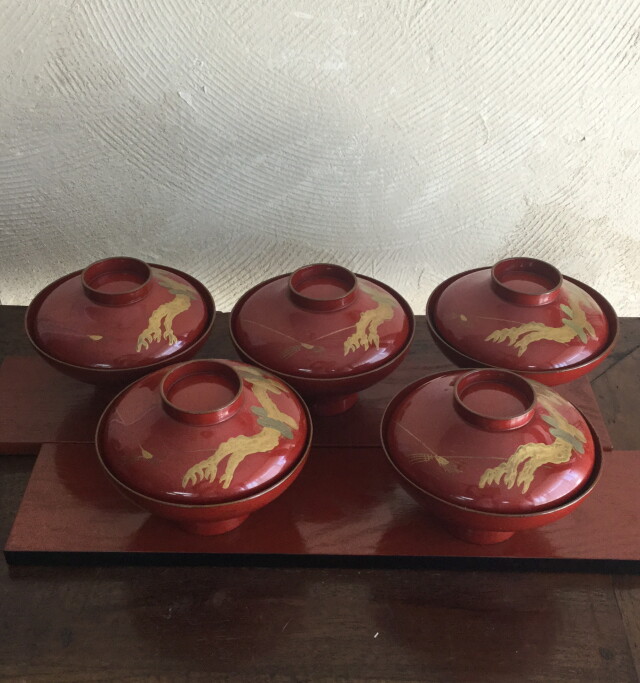 Antique Sam's Collection朱漆塗松金蒔絵碗五客組