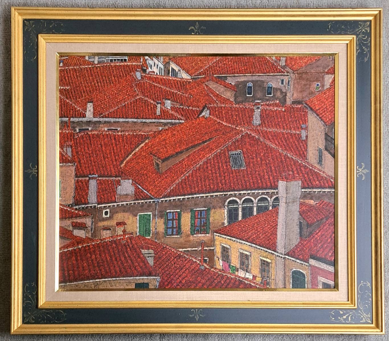 茂木紘一 ろう画 10号「赤い屋根」日動画廊取扱（昭和会展出展作