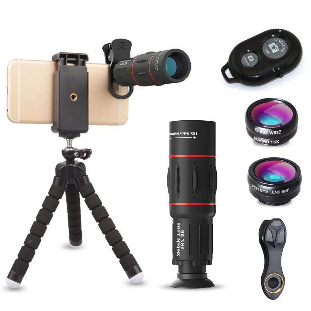 18倍スマートフォン望遠鏡 魚眼レンズ 広角マクロ 4in1レンズキット