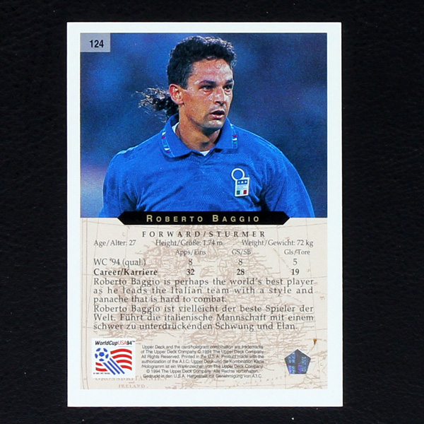 Roberto Baggio Upper Deck Trading Card No. 124 - USA 94- Sticker