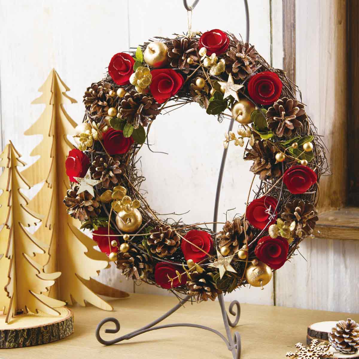 ナチュラル クリスマスリース 小 レッド