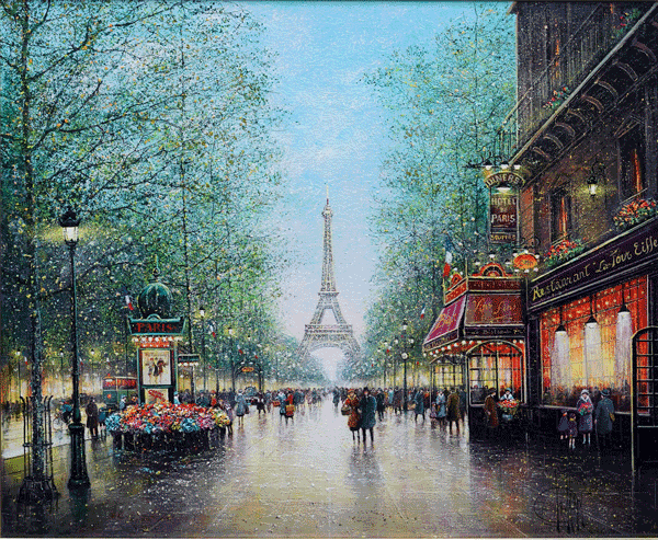 真作テリィーラミス フランスの人女な港 風景画 油彩画 T. Johnson 真