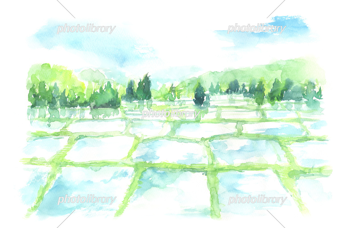 水彩で描いた里山の風景イラスト イラスト素材 [7176539] - フォト