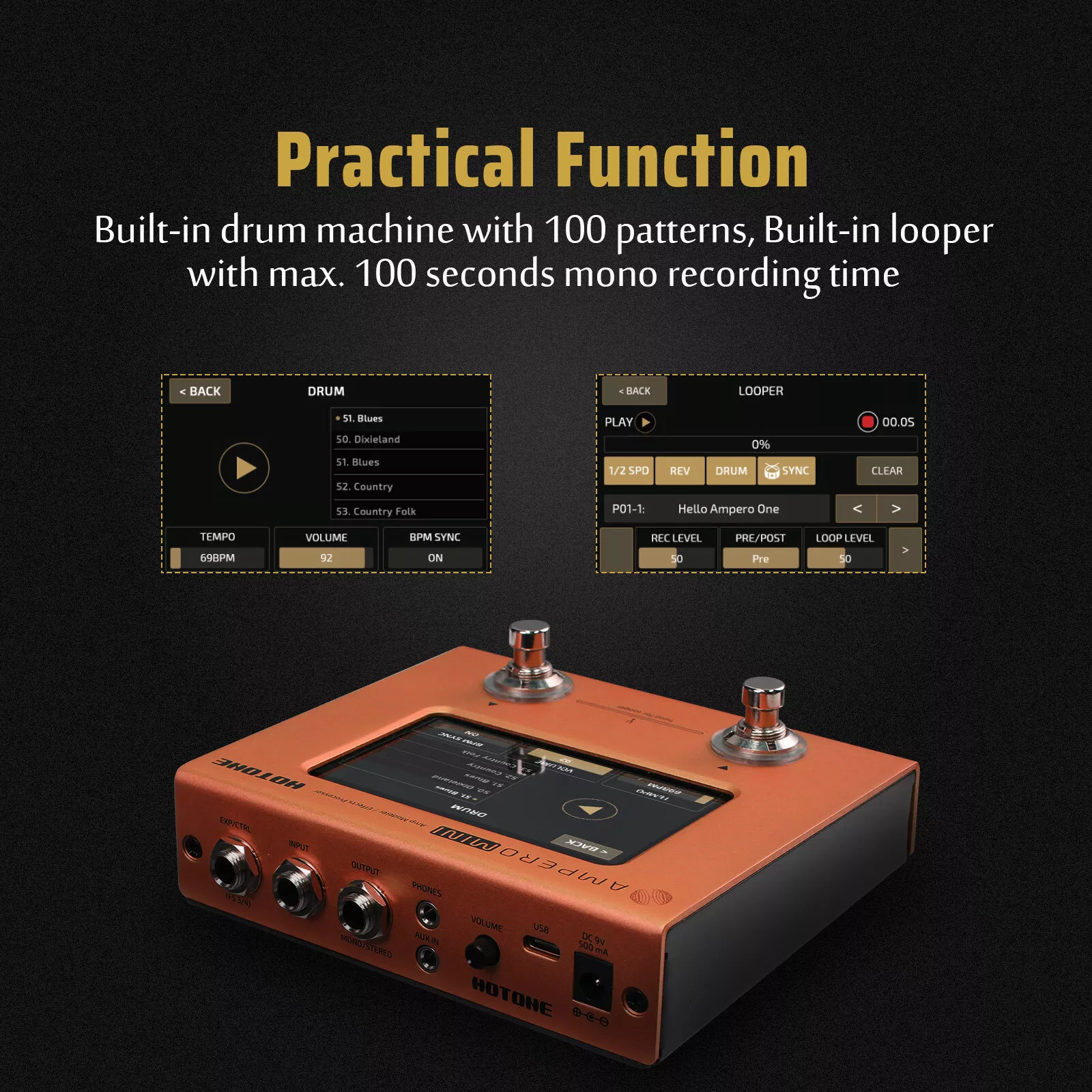 Hotone Ampero Mini (Orange) MP-50 Amp Modeler & Effects Processor