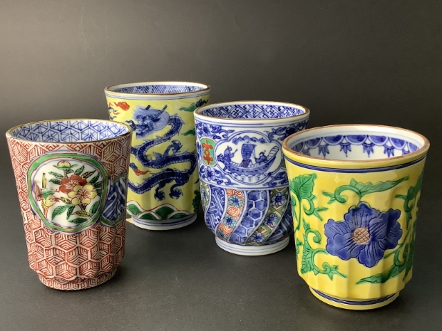 清水焼 京焼 加藤 雲泉 花唐草 湯飲み 夫婦 ペア 染付 色絵 手描き 清水焼