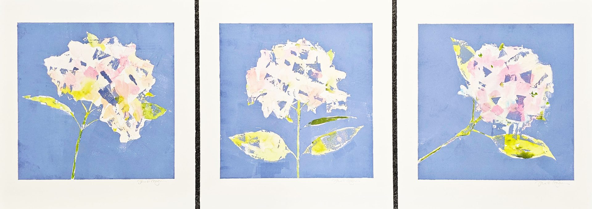 Jane Cooper - Pink Hydrangea on Periwinkle Triptych | Renjeau Art
