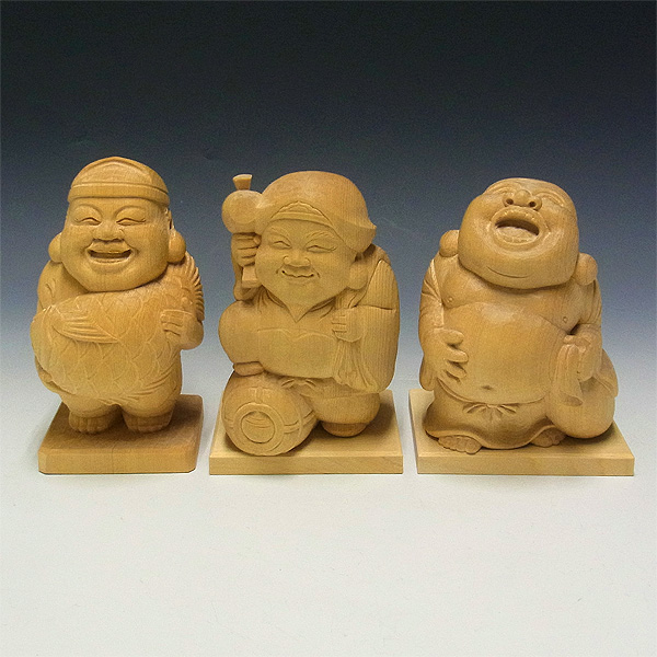 備前焼 大黒、布袋、恵比寿セット 桧 恵比寿・大黒天・布袋セット 木地