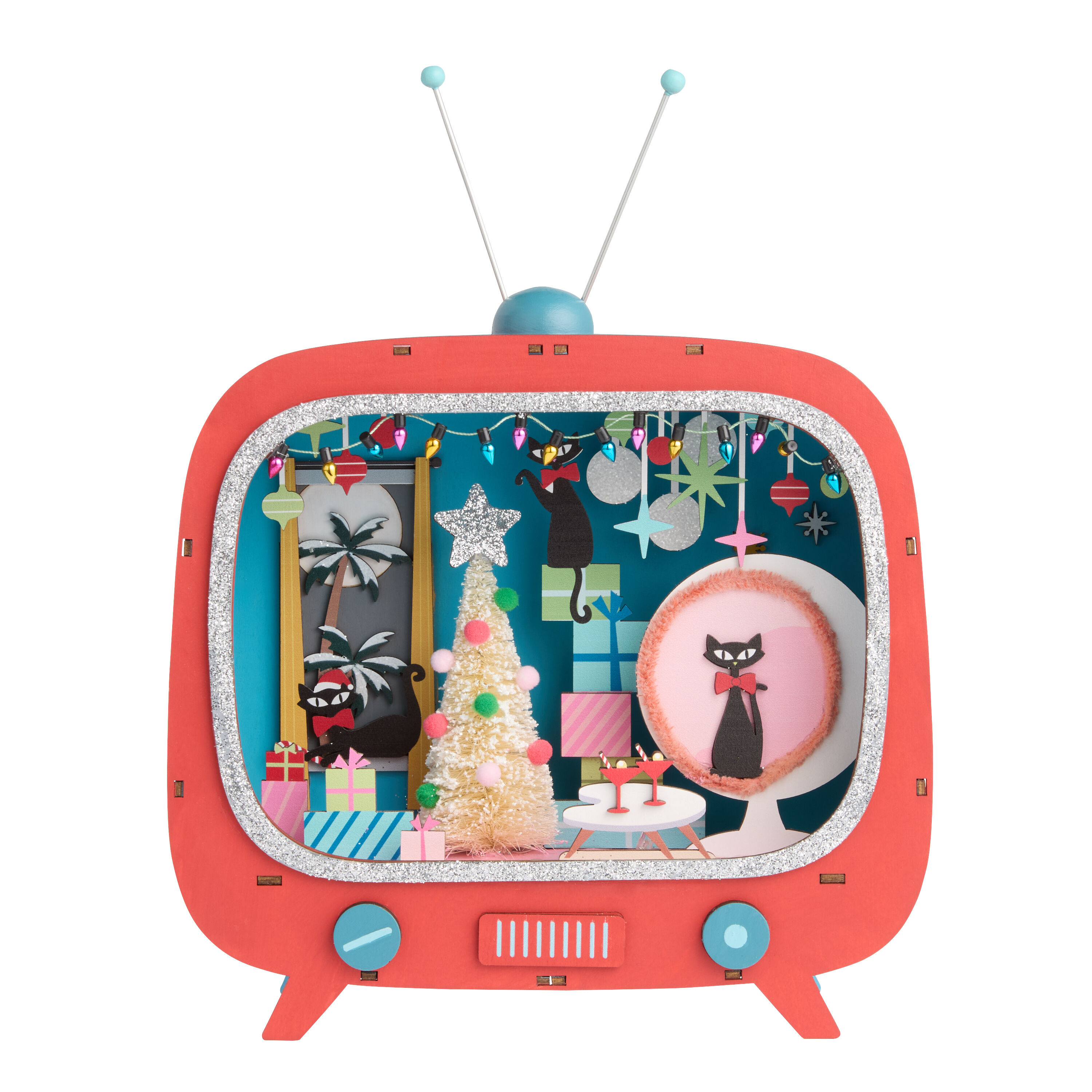 Laser Cut Wood Mid Century TV Set LED Light Up Decor - World Market
