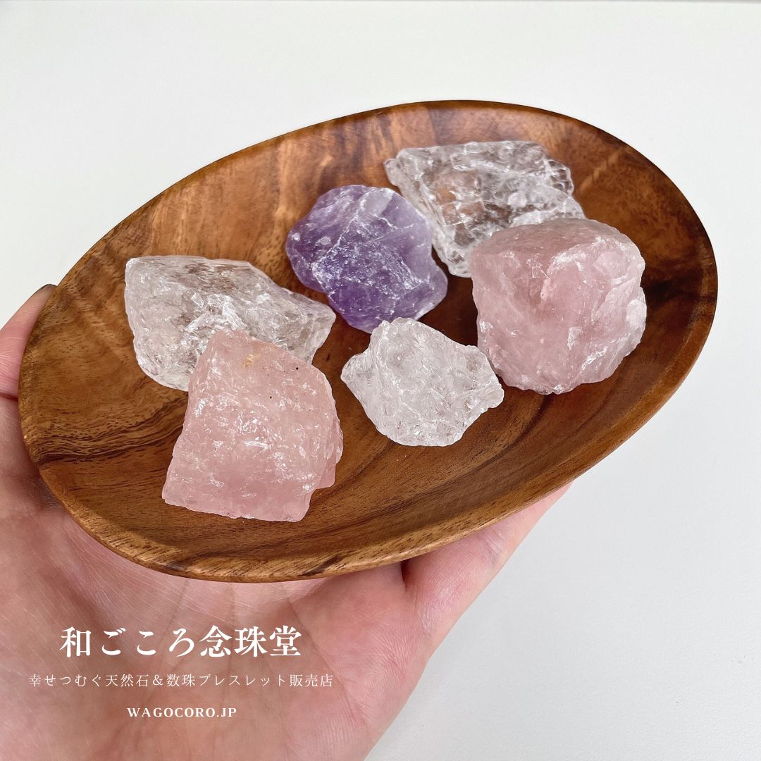 NEW！かちわり 天然水晶 ローズクォーツ アメジスト 6個 ウッドトレイ