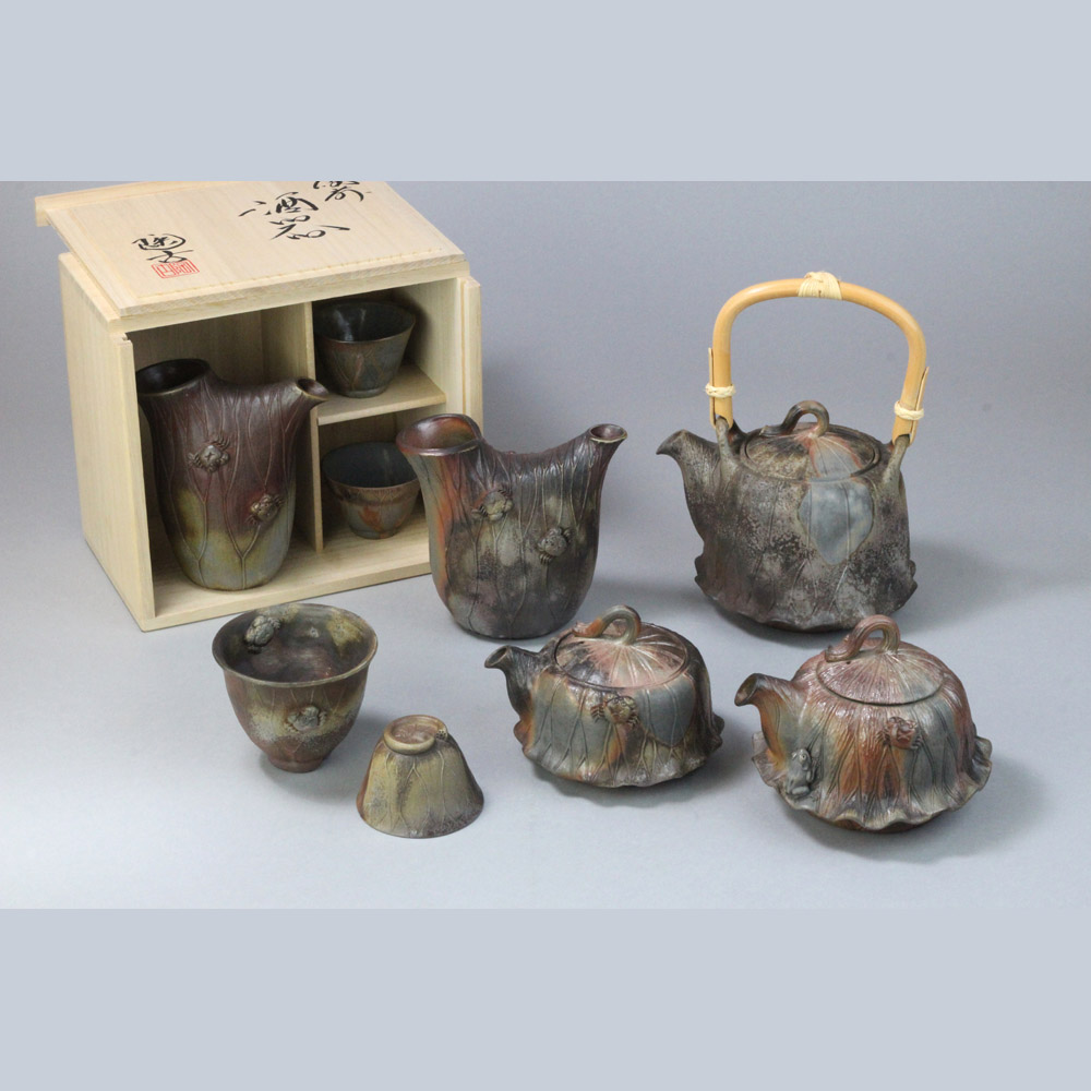 備前焼 小西陶古 蓮と蟹シリーズ 酒器セット 共箱 備前焼 小西陶古 蓮