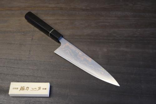 佐治武士 作 牛刀240mm 有色 青紙2号 積層鋼 黒檀 水牛桂柄リング付