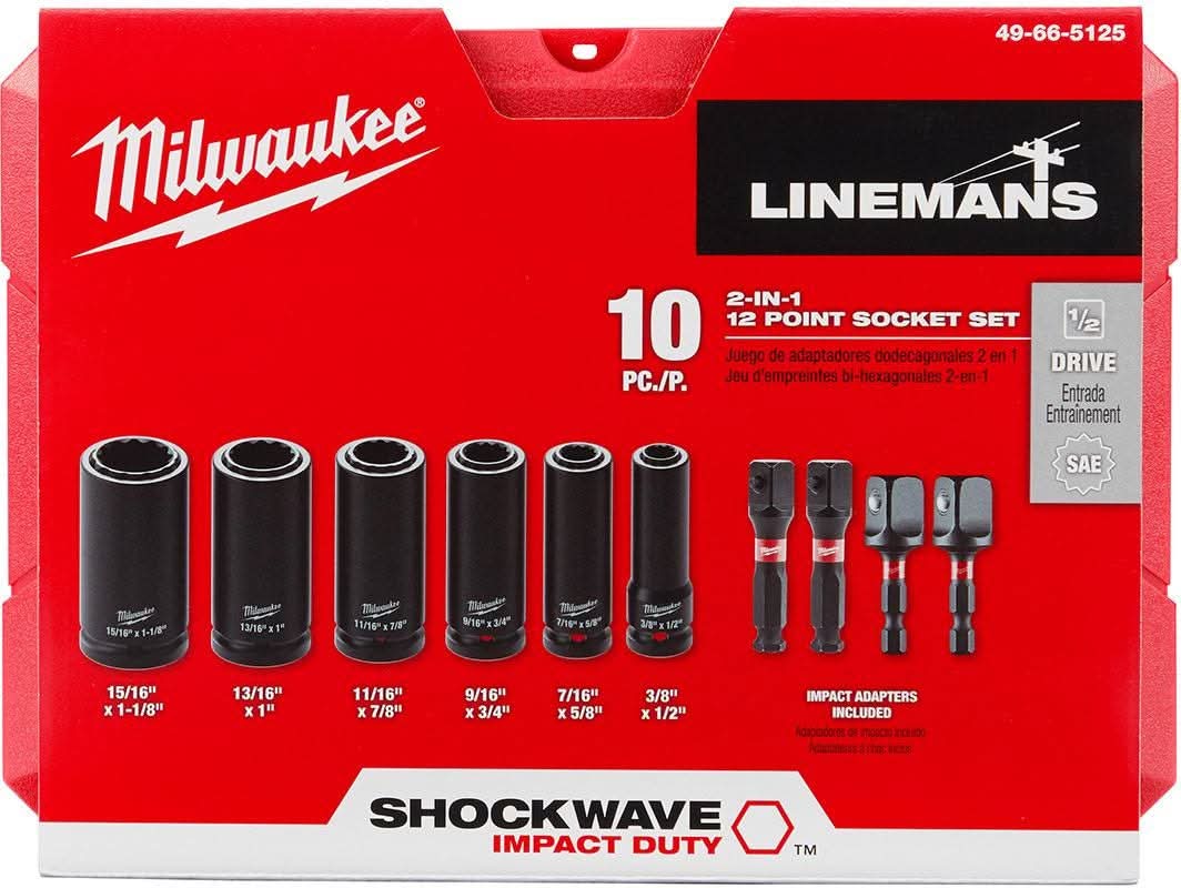 Milwaukee 49-66-5125 Shockwave Lineman's 10-Piece 2-In-1 12Pt