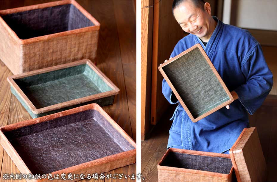 竹素地に土佐和紙、柿渋仕上げ 一閑張り行李(二段) | 虎斑竹専門店 竹虎