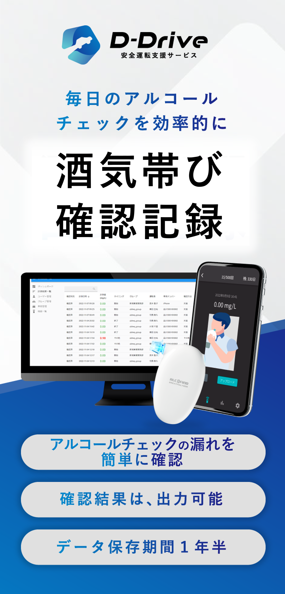 D-Drive 酒気帯び確認自動記録 | 株式会社ユビテック