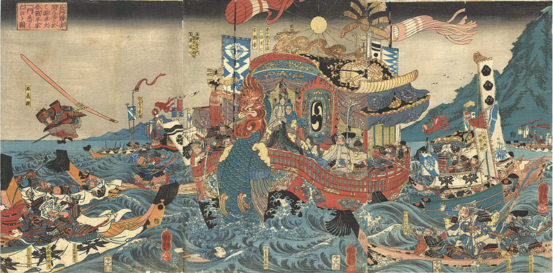 浮世絵、長門國赤間の浦に於て源平合戦平家一門悉く滅びる圖国芳画、三
