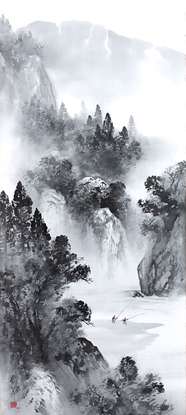 山水の掛け軸 中沢樹芳作 水墨山水