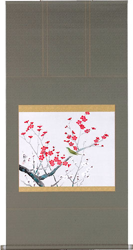 花鳥の掛け軸 塚下静庵作 紅白梅に鶯
