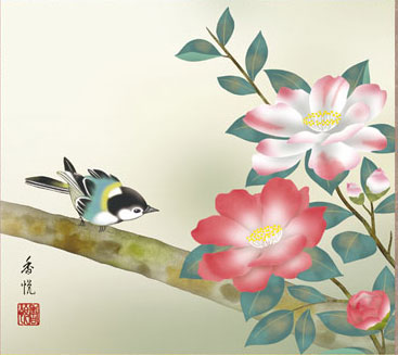 花鳥の掛け軸 西尾香悦作 山茶花