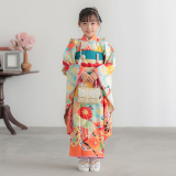 七五三七歳四つ身：N045 乙葉 橙色 御所車に桜菊 | 七五三着物レンタル