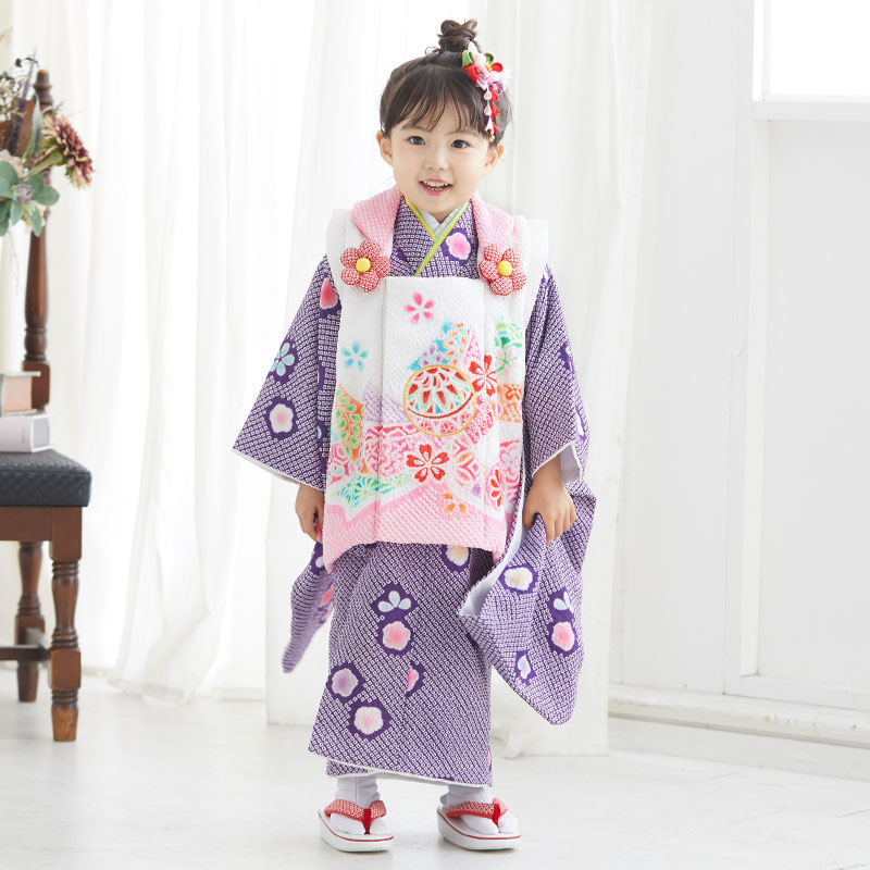 七五三3歳着物と正絹総絞りの被布(袖無し肌襦袢付き）パステルカラー