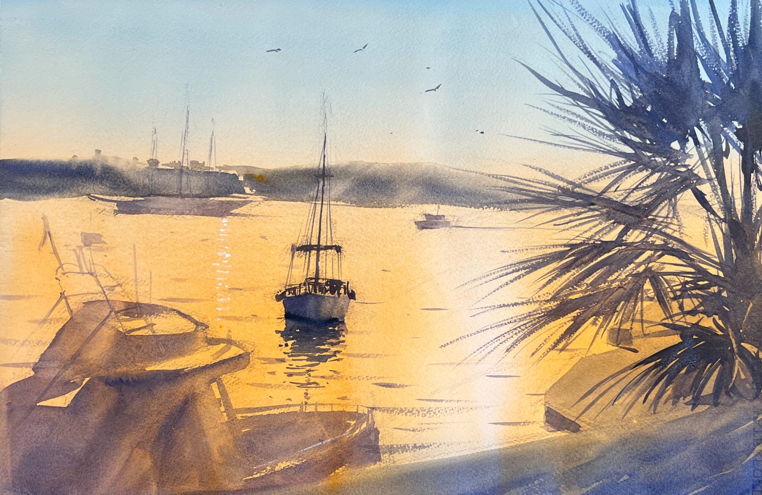 水彩画・夕景の海の風景の描き方①』初心者にも分かりやすく解説