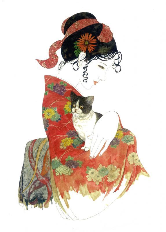 子猫と赤い着物の娘 / ヨネクラマサカネドットコム