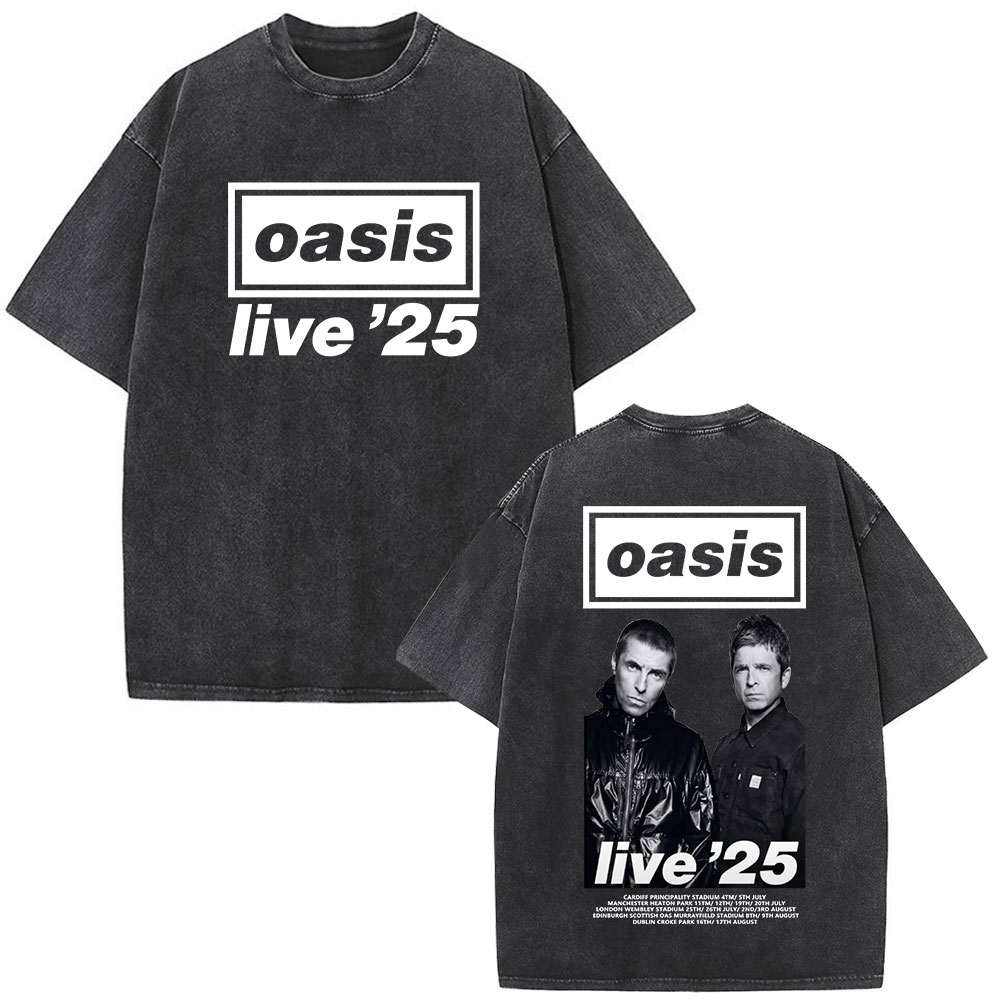 Rock Band O-Oasis Live 25 Tour Vintage Washed T-Shirts Men Women