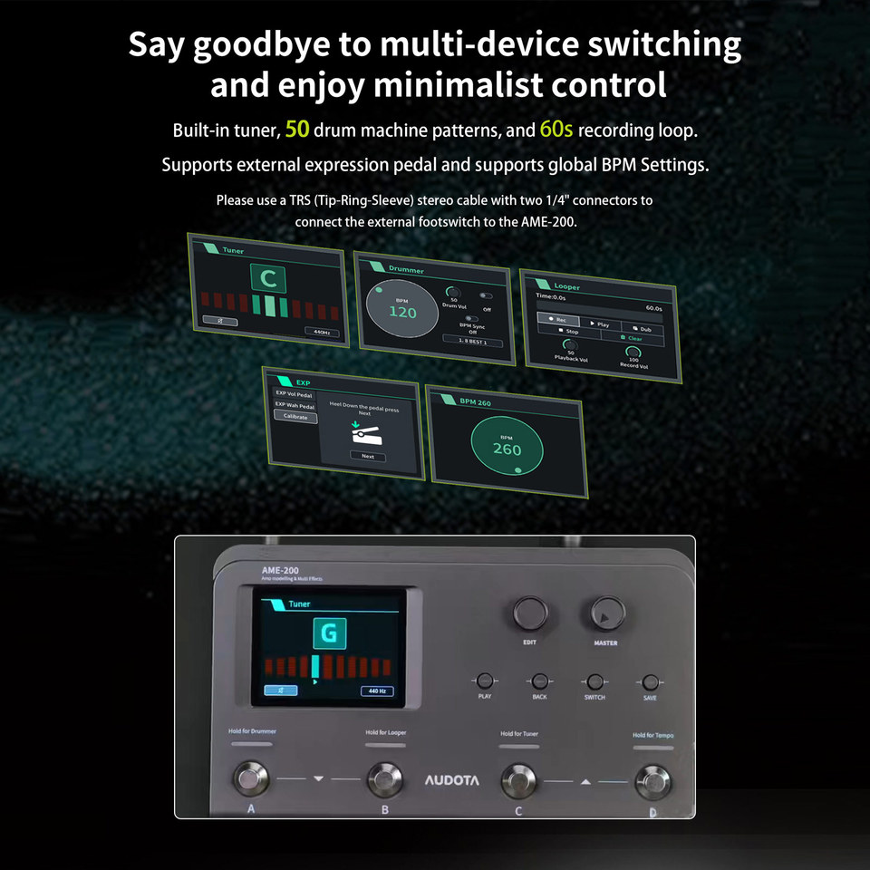 Audota Ame-200 Pro Guitar Processor with Built-In Tuner, 50 Drums