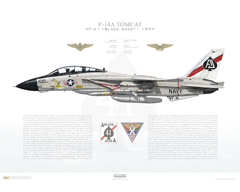 Aircraft profile print of F-14A Tomcat VF-41 Black Aces, AJ100
